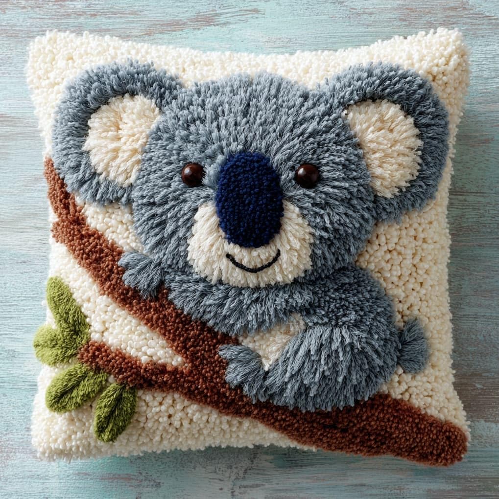 WallustrioaW DIY Latch Hook Kits,Koala Animals,Pattern Printed Throw Pillow Case Cushion Cover Crochet Needlework Crafts for Kids and Adults,17x17in