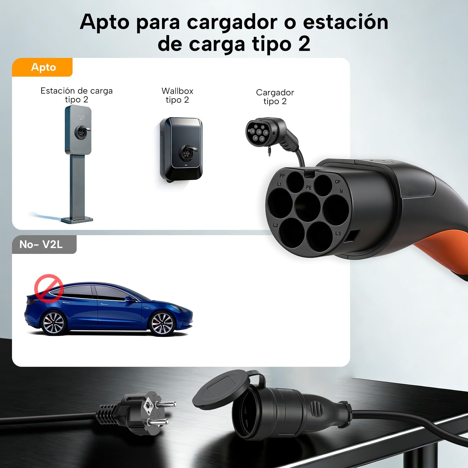 Tipo 2 a Schuko Adaptador, máx. 16 A, 3,5 kW, 2 m, Cable Tipo 2 a Schuko para Estaciones de Carga o Cajas de Pared para Motocicletas eléctricas y Bicicletas eléctricas