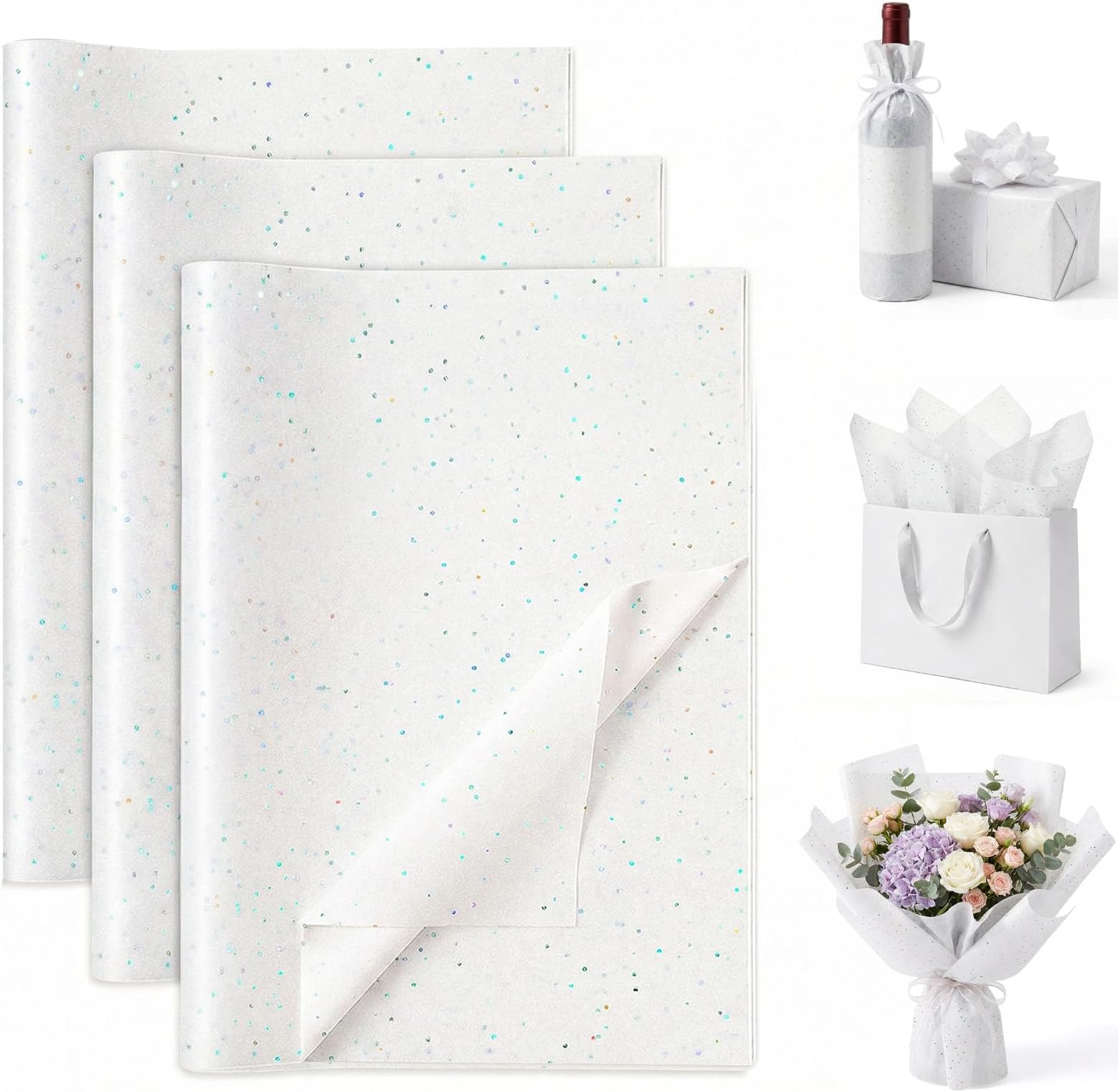 120 Sheets Tissue Paper, 20x14 Inches White Tissue Paper for Gift Bags Glitter Wrapping for Birthday DIY Project Weddings Holiday Crafts Festival Decoration