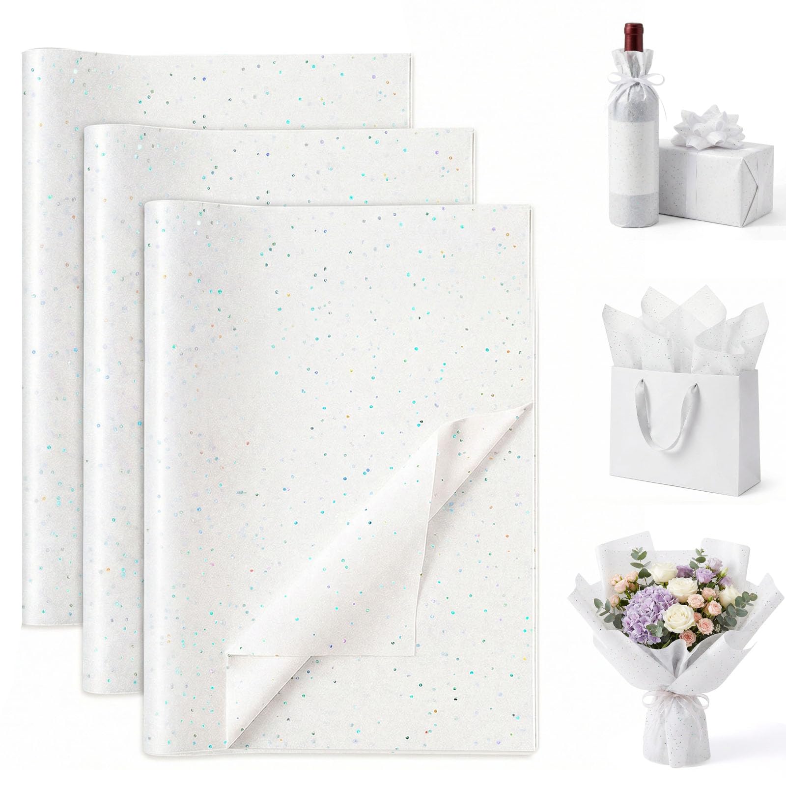 Koogel 120 Sheets Tissue Paper, 20x14 Inches White Tissue Paper for Gift Bags Glitter Wrapping for Birthday DIY Project Weddings Holiday Crafts Festival Decoration