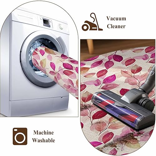 Miniatura 7 de Round Rugs 5ft, Red Pink Leaves Non-Slip Area Rugs for Living Room Bedroom Entryway, Botanical Abstract Color Retro Plants Washable Carpet Runner