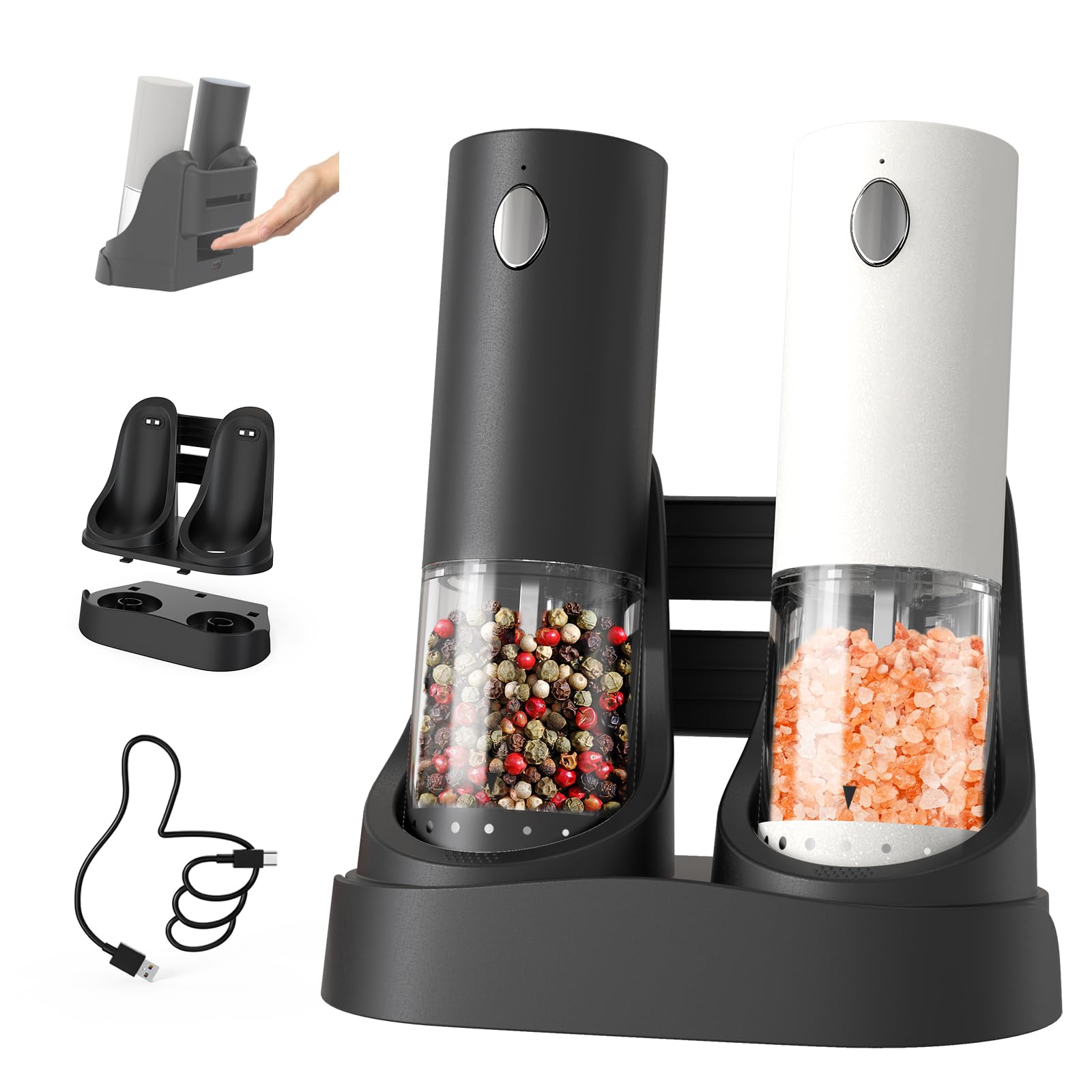 CIRCLE JOY Electric Salt and Pepper Grinder Set Automatic Salt and Pepper Mills Set with Easy-to-Carry Charging Base and LED Light, USB Rechargeable, Upgrade External Adjustable Coarseness
