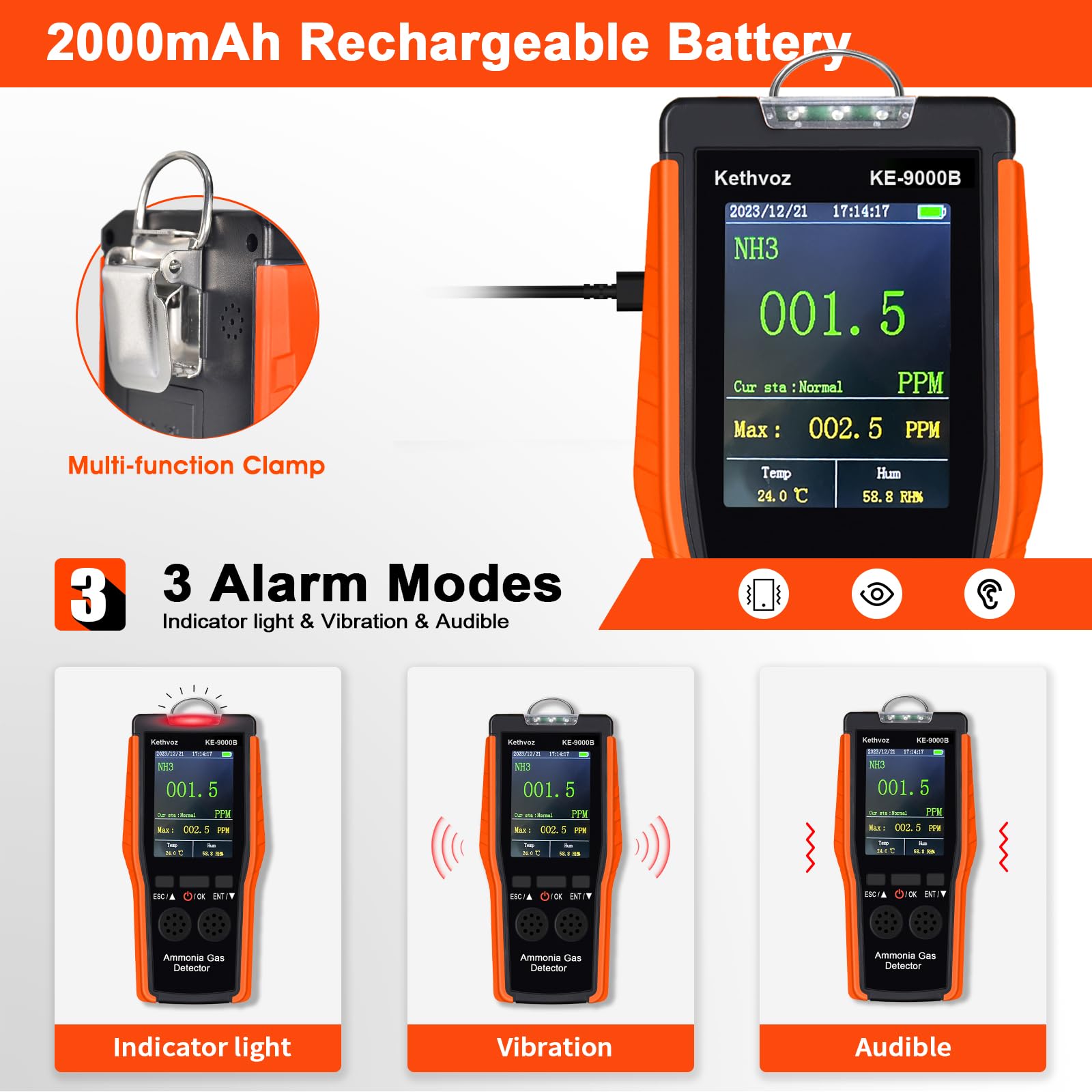 Detector de amoníaco 9000B - Monitor NH3 de alta precisión con sensor electroquímico, rango de 0-100PPM, función de alarma, portátil y compacto para agricultura industrial, seguridad ambiental