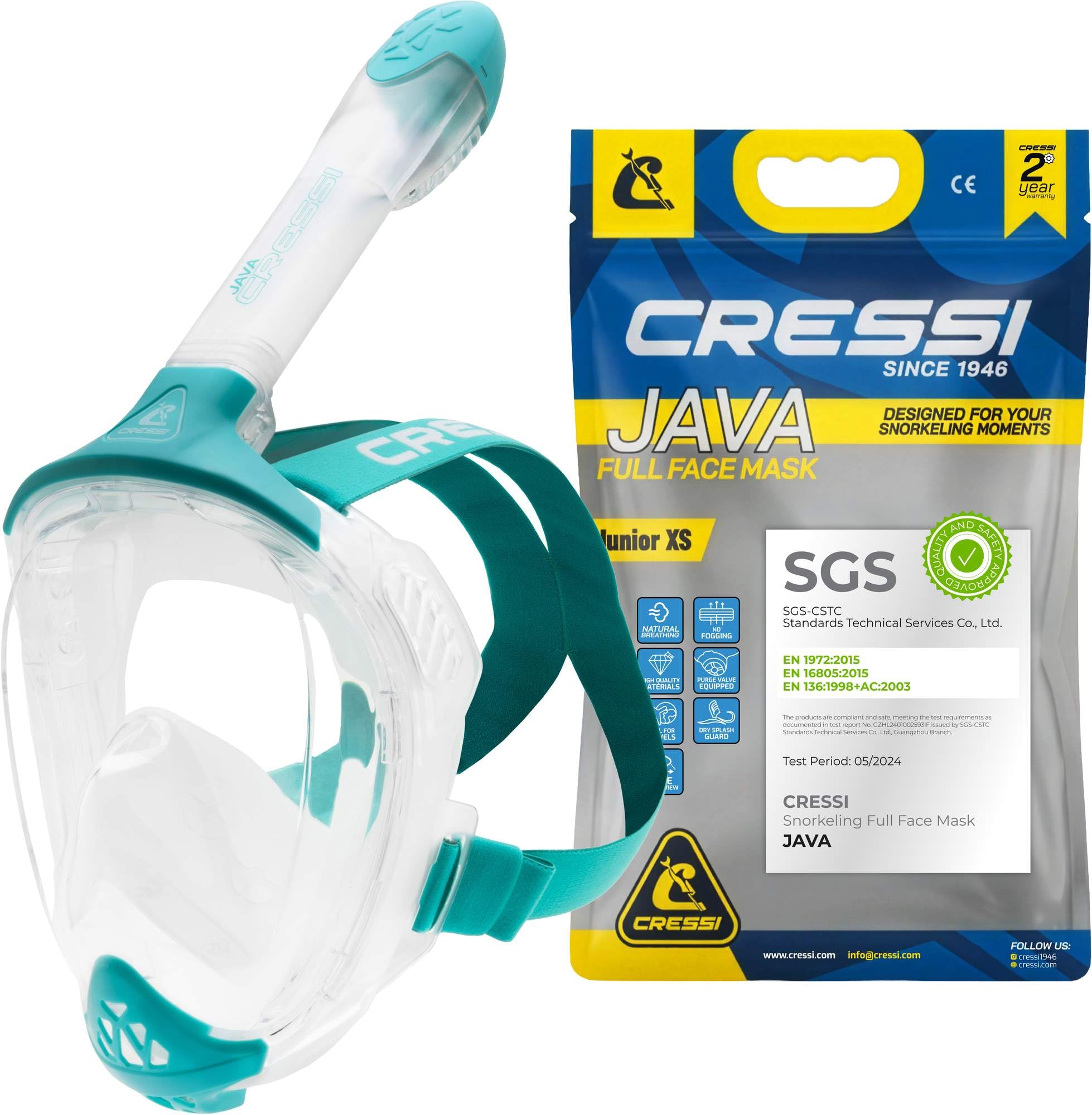 CRESSI Java Full Face Mask - Maschera Snorkeling Integrale Compact Fit, Lente Ultra Chiara Anti Fog, 100% Silicone, Snorkel Dry con Valvole Sicurezza