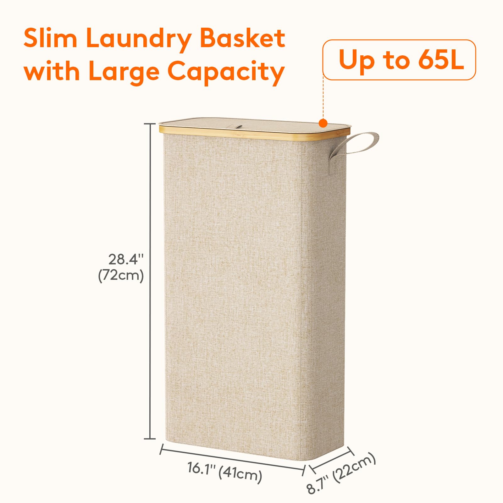 Lifewit 65L Slim Laundry Basket with Lid, Narrow Laundry Bin with Removable Bag & Bamboo Handles - Image 3