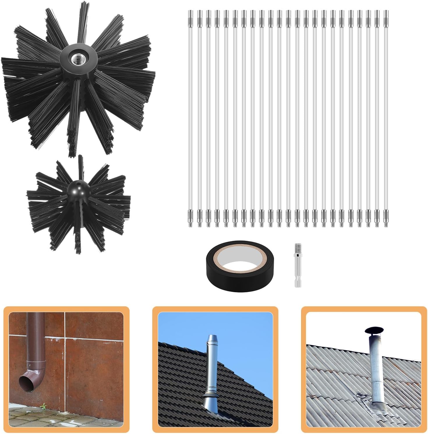 30ft Chimney Cleaning Brush Set with 4” 6” Fireplace Chimney Brushes, Hex Rods, and 10m Tape for Dryer Vent and Flue Maintenance