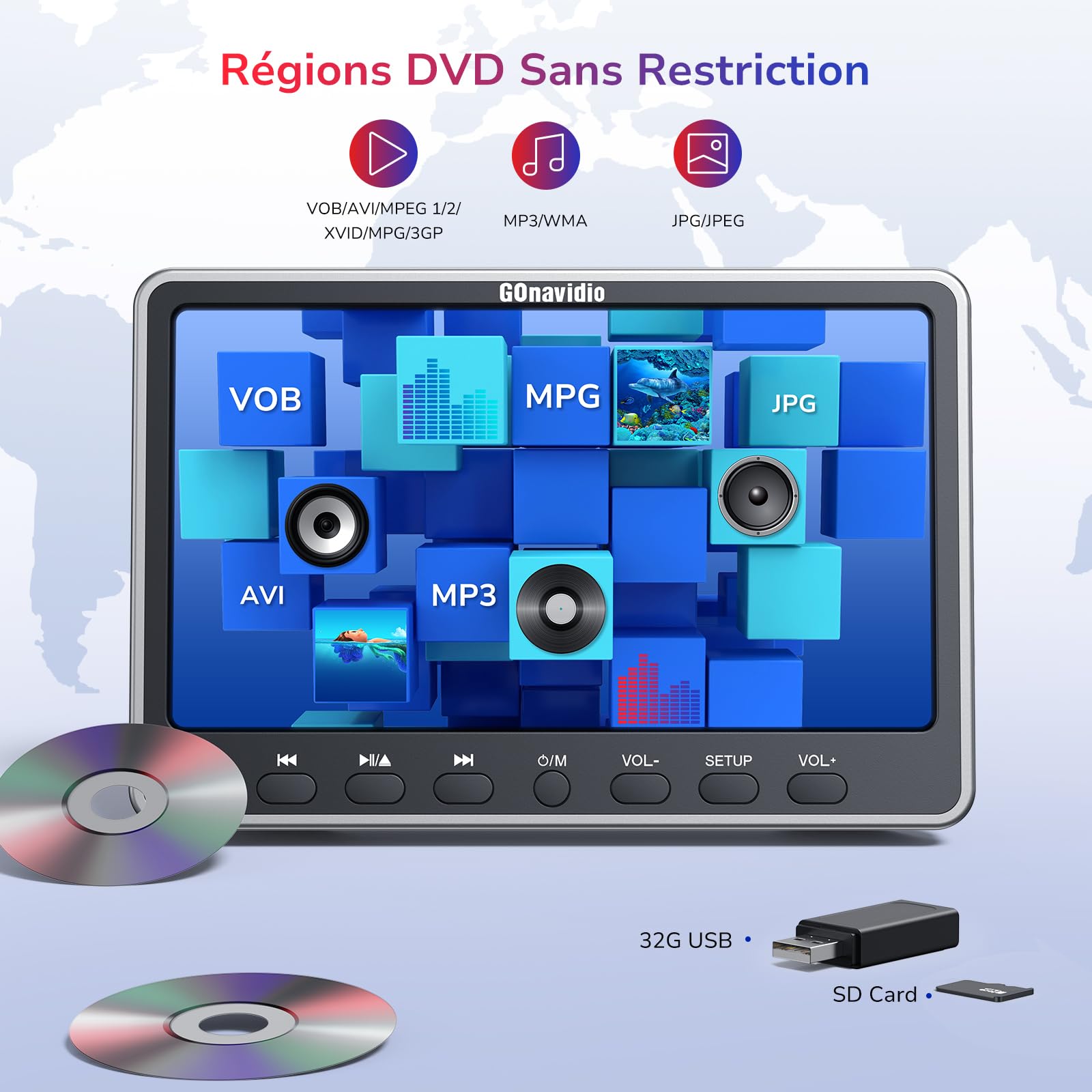 GOnavidio 12" HDMI-in Lecteur DVD Voiture, Lecteur DVD Portable Voiture Compatible USB/SD, Slot-in Conception et ecran appuie Tete pour Enfant avec Casque,Support Région Libre