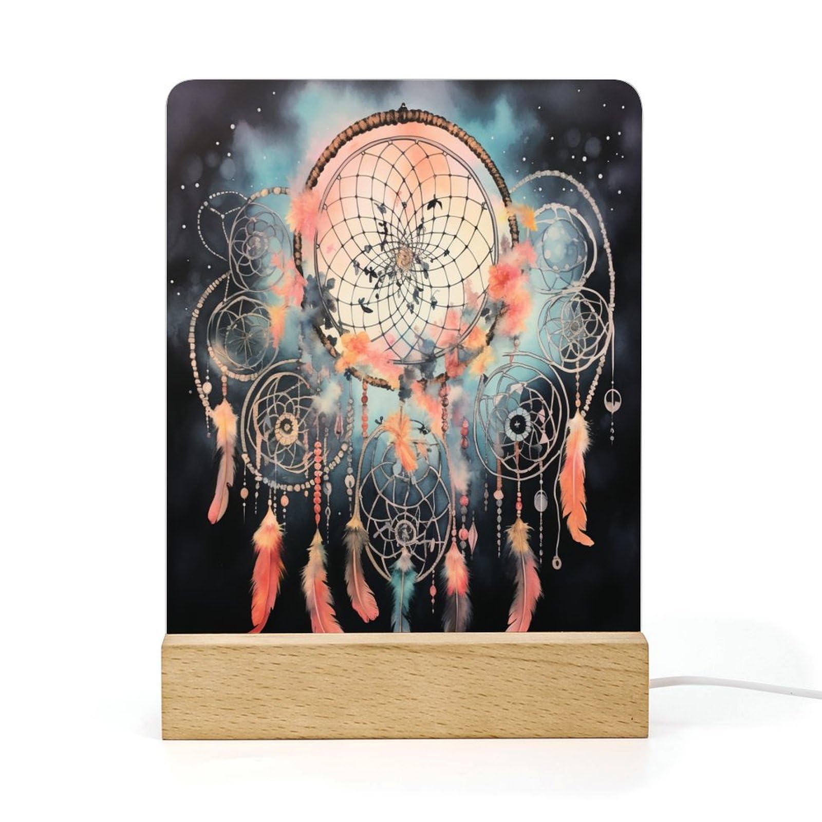 Dream Catcher Night Light LED Illusion Table Lamp for Children Birthday Present Acrylic Table Light Bedroom Lamp USB Baby Night Lamp with Wooden Base