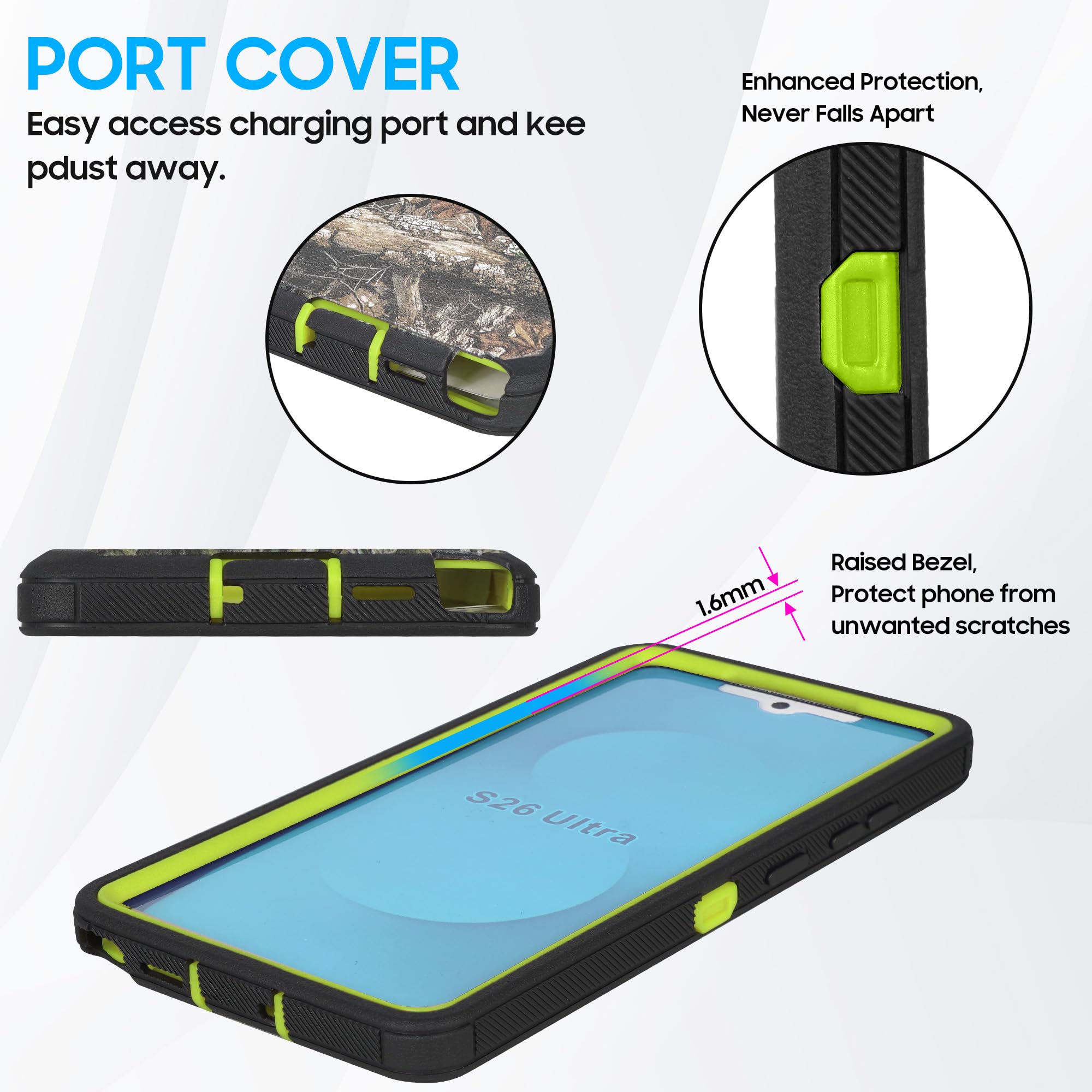 Custodia compatibile con Samsung Galaxy S26 Plus con protezione dello schermo integrata, fondina con clip per cintura, resistente agli urti, copertura robusta color lime mimetico