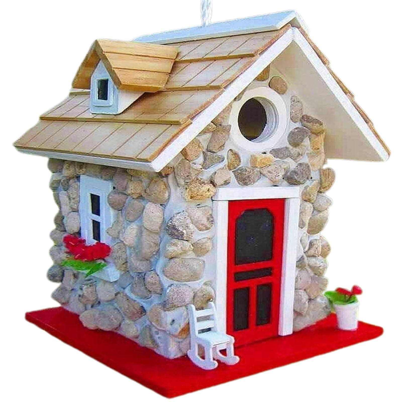 Tsophreniq Cottage Hanging Bird House for Outside with Rope Similation Wooden Decorative Feeder for Hummingbirds Outdoor Hanging with Roof Balcony Garden Decoration
