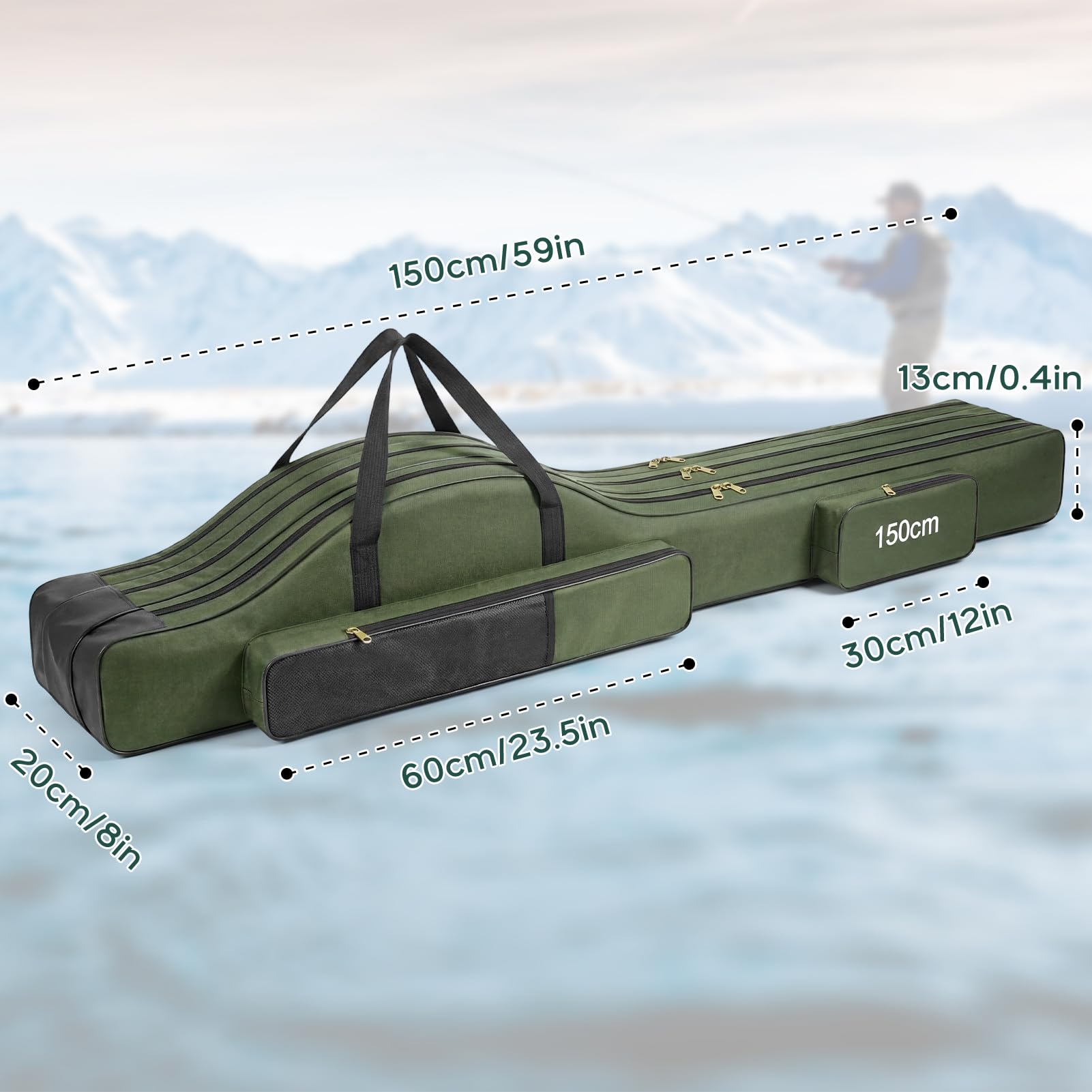 Angelrutentasche Angeltasche Rutentasche Rod Case mit 3 Fächern für Outdoor-Angelruten, 150cm Faltender Angelrute Tasche, Angelrute Werkzeuge Aufbewahrungstasche, Tragbare Angelgerät Tasche (Grün)
