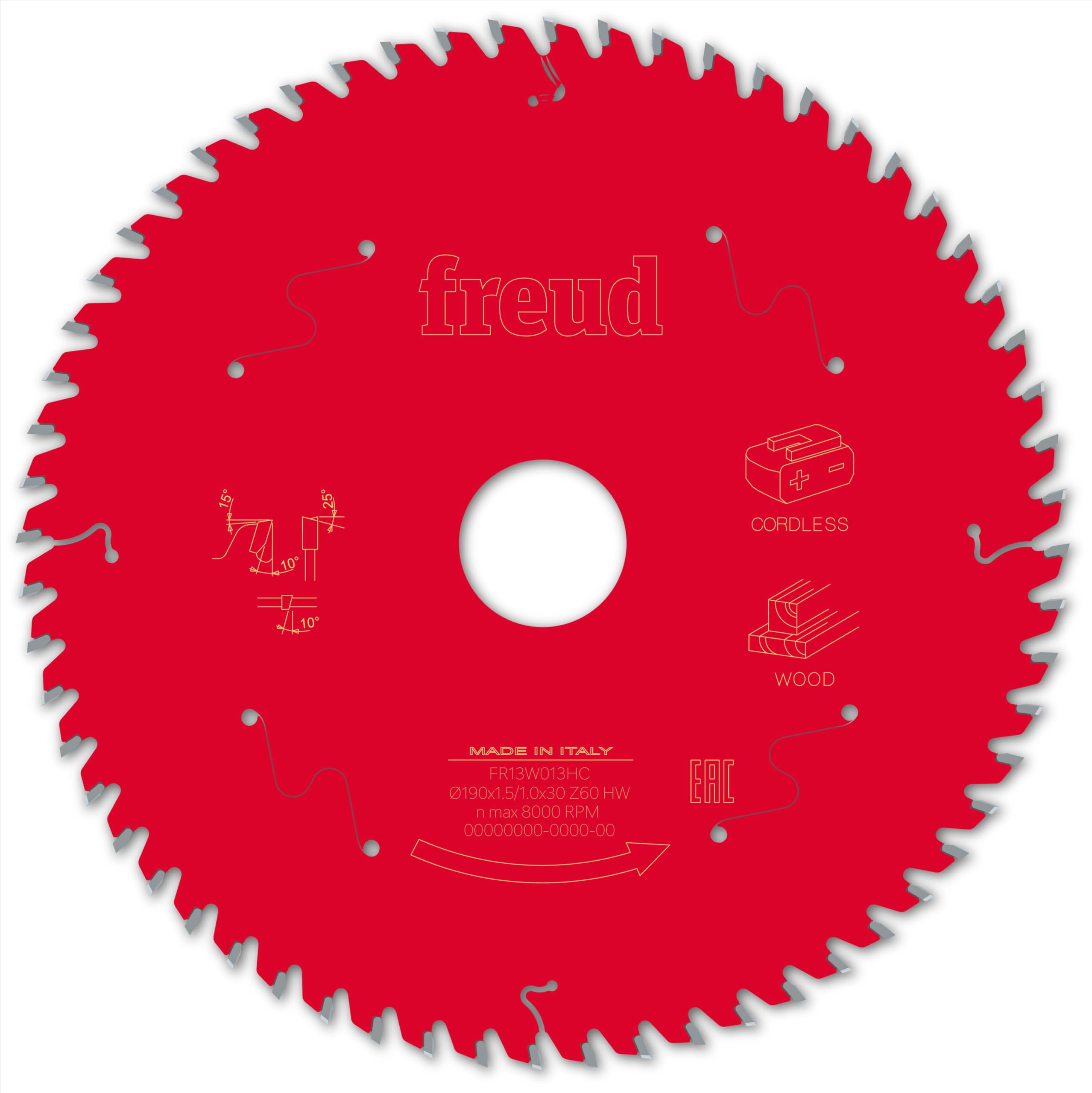 Freud lame de scie circulaire portable à batterie pour la coupe de bois D=190mm x d=30mm x 1,5/1mm x T60 - FR13W013HC