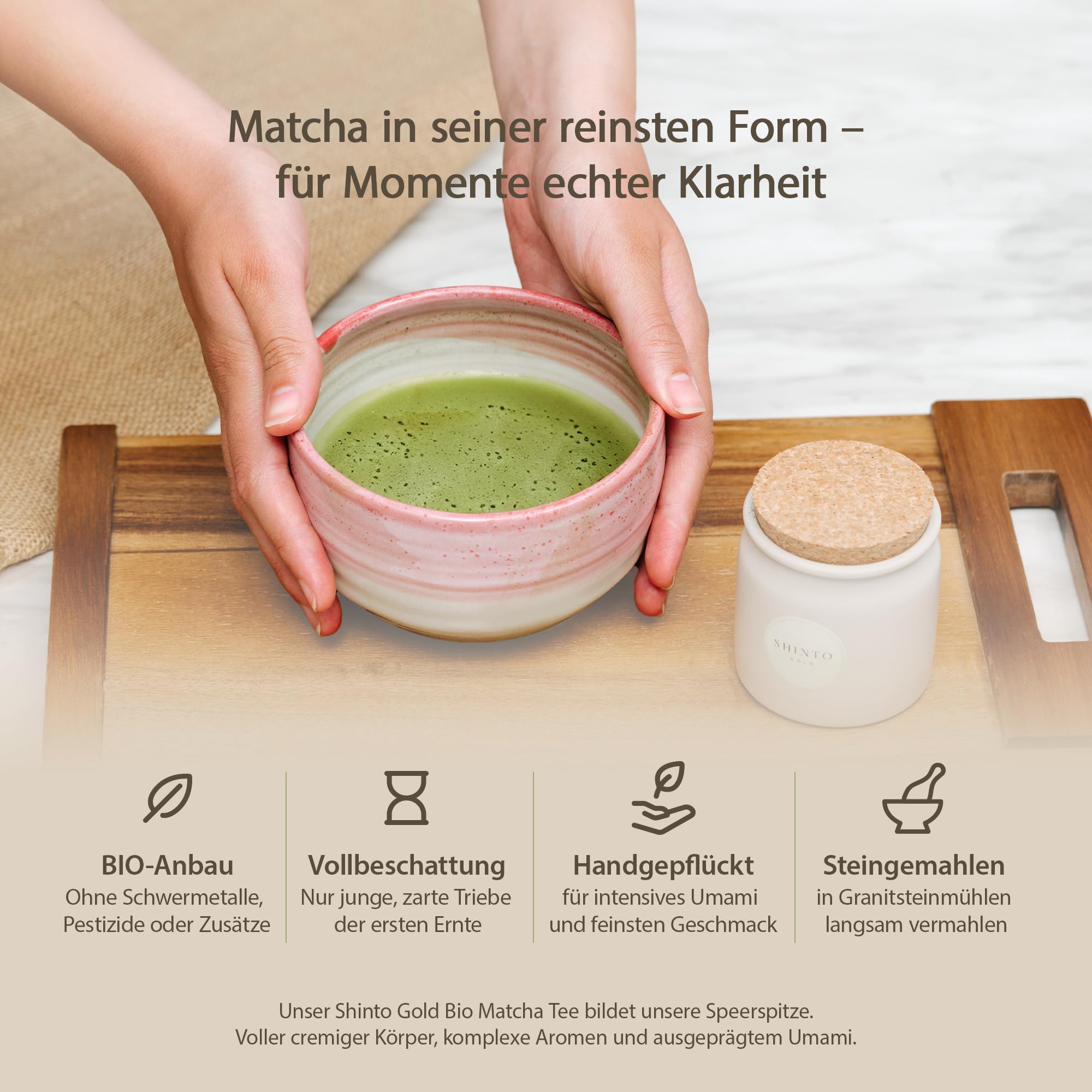 Matcha Tee Set Shinto® Gold - Super Premium Bio Matcha Tee - beschattet & handgepflückt aus Uji Japan inkl. handgefertigter Schale, Besen & Löffel für die traditionelle japanische Teezeremonie