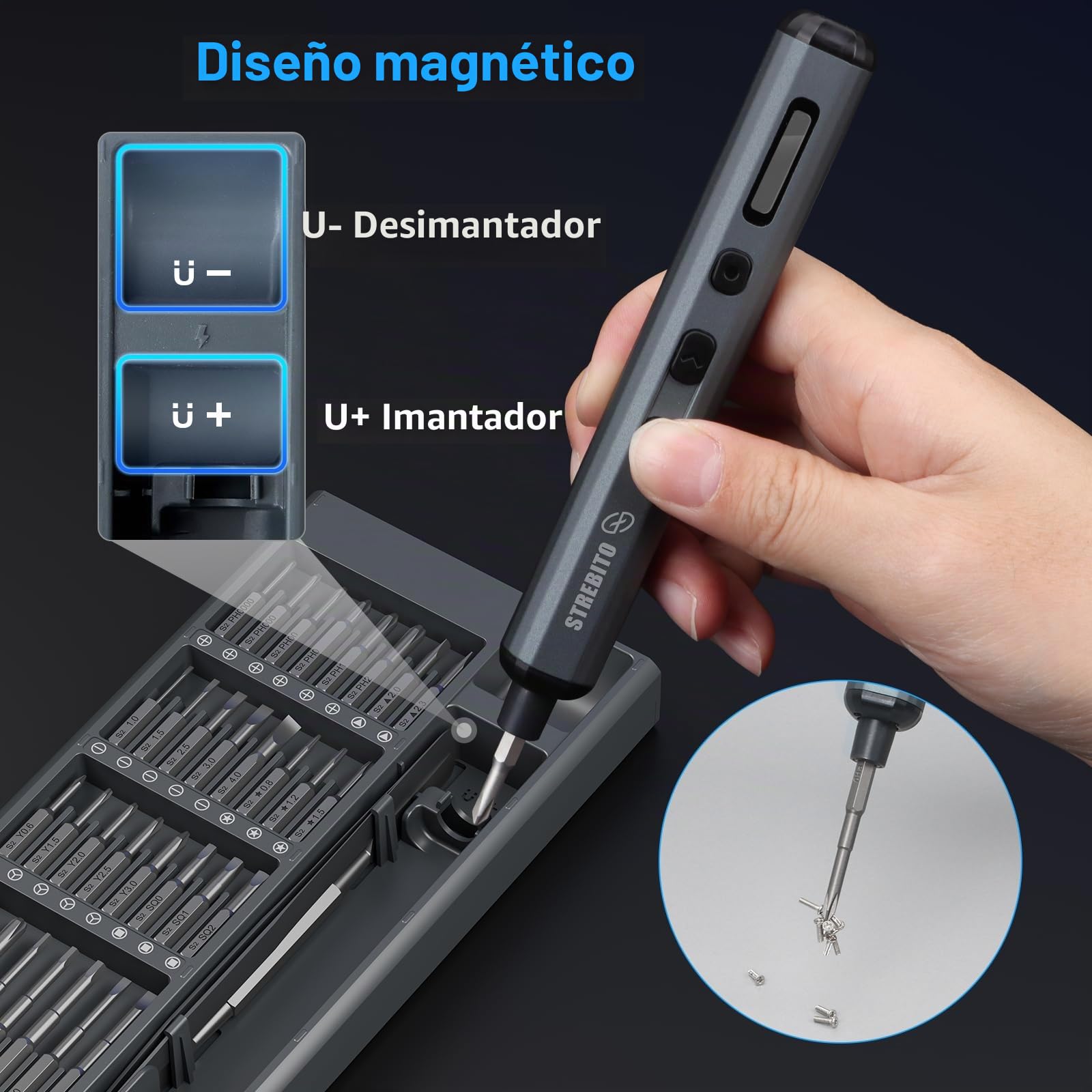 STREBITO Juego de mini destornilladores eléctricos, kit de destornilladores eléctricos pequeños 70 en 1 máximo con luces, 5 par mejorado, 64 puntas magnéticas, destornillador eléctrico de precisión