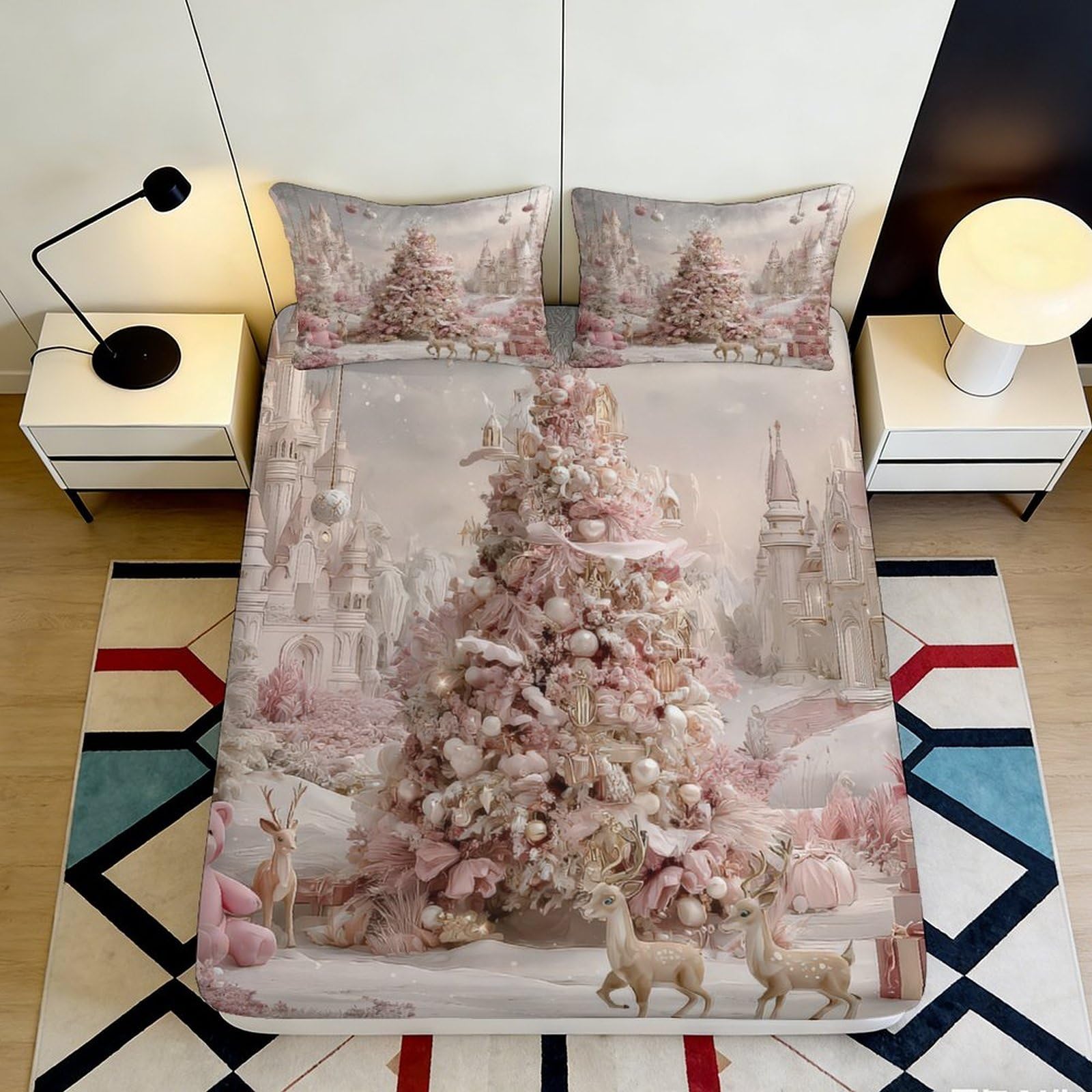 3D Printed Christmas Tree Fitted Sheet, Microfiber soft touch, wrinkle resistant, home decor piece, bed cover for guest room bedding, easy care, dustproof, 115 chars 90x200x25cm