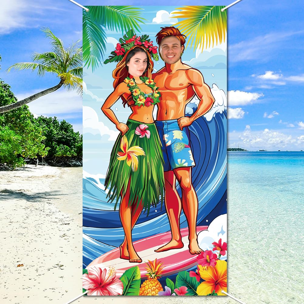 WADORN Luau Photo Door Banner, Hawaiian Party Decorations Large Fabric Hawaiian Photo Booth Backdrop Aloha Tiki Banner Couple Surfing Face in Hole