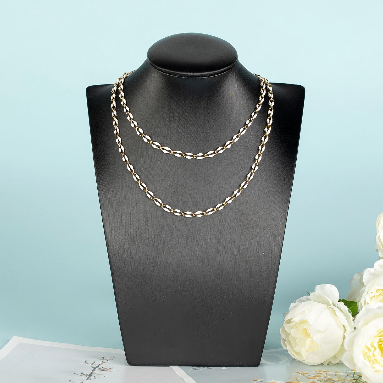Catena smaltata bianca per personalizzare la collana fai da te, catena in ottone placcato oro da 2 metri con anelli aperti e chiusure a moschettone
