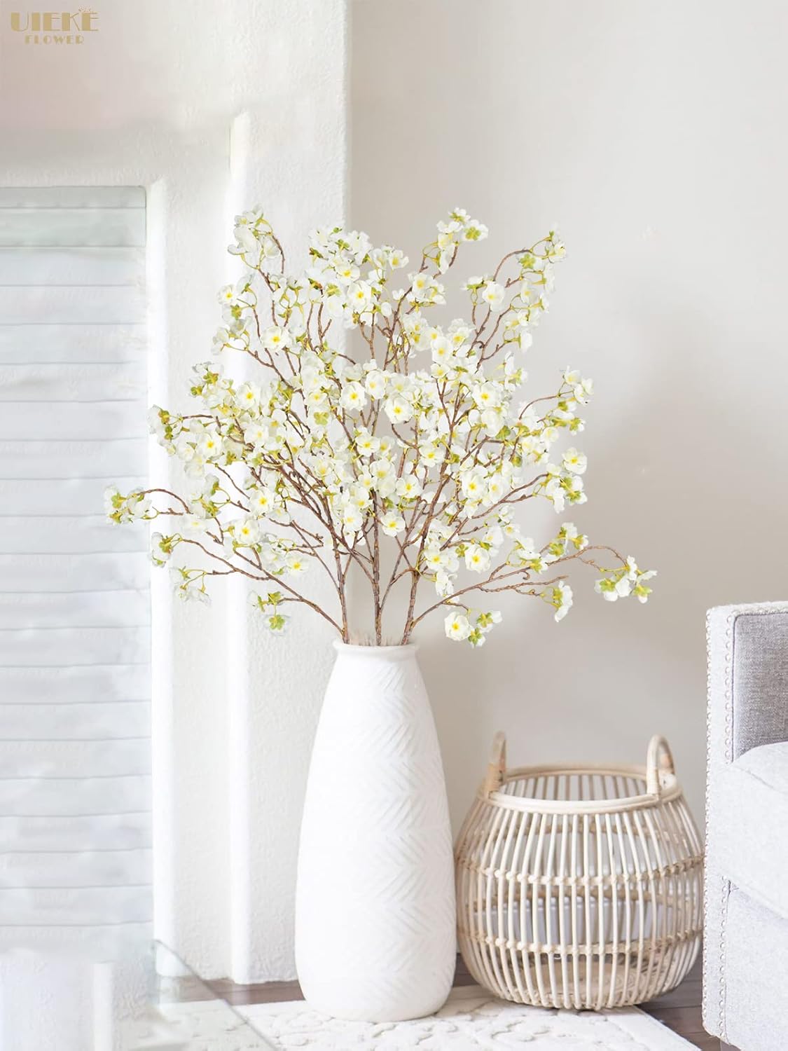 Uieke 3PCS Artificial Cherry Blossom Flowers, 40.5in Silk Cherry Blossom Branches Long Stems Fake White Flowers Arrangements for Wedding Home Japanese Sakura Room Decor - Image 2