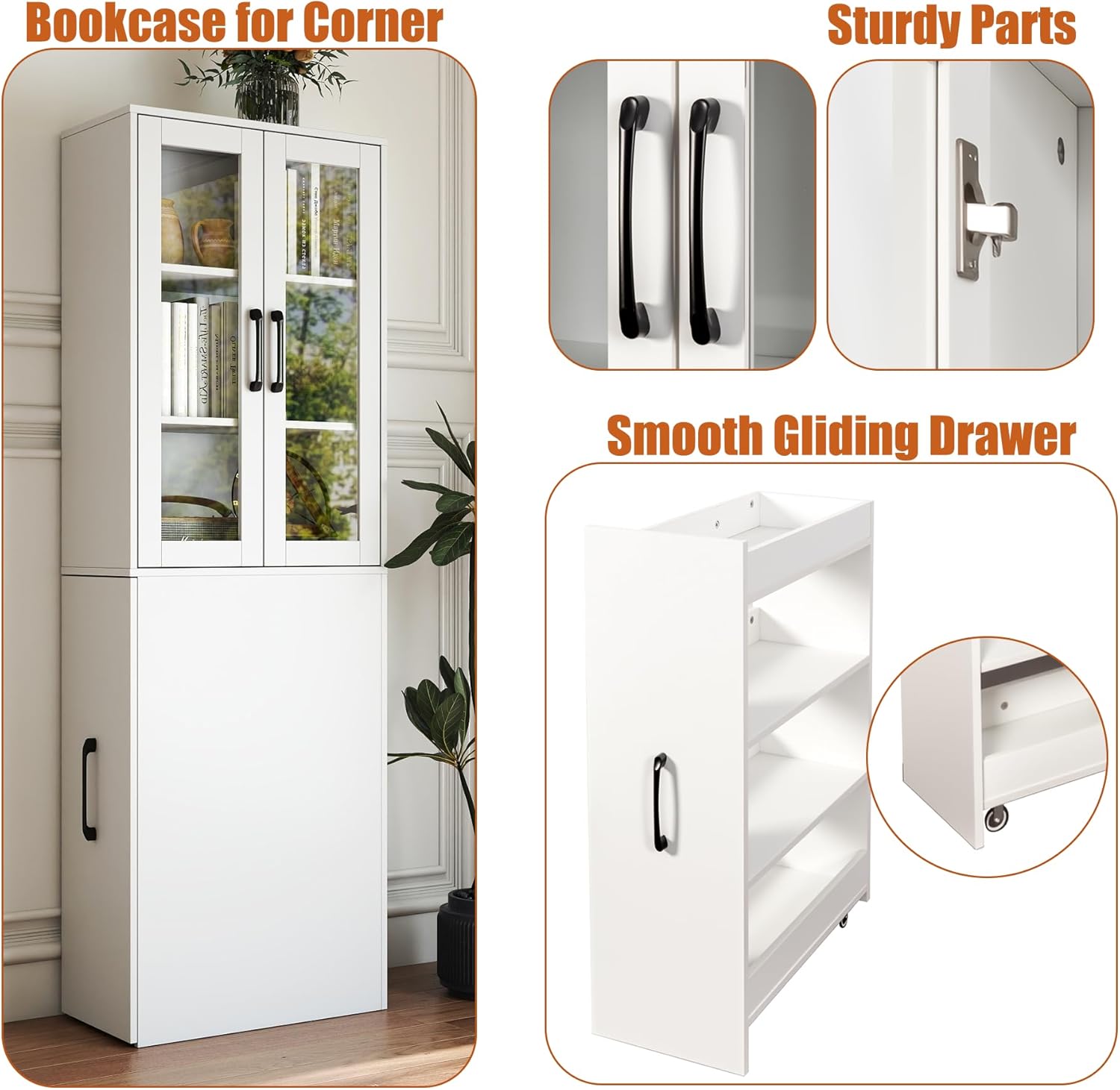 71" Tall Corner Bookshelf and Bookcase with Doors, Display Cabinet, White Storage Cabinet with 4 Pull-Out Shelves, Modern Book Shelf for Living Room Home Office Library