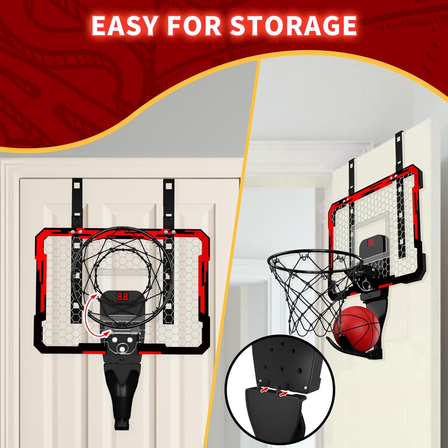 QDRAGON Indoor Basketball Hoop for Kids, Over The Door Mini Basketball Hoops with 7 LED Lighting, Basketball Toys Gifts for 5 6 7 8 9 10 11 12 Year Old Boys Girls Teens, Red