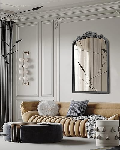 Miniatura 6 de Espejo de pared tradicional arqueado negro, 24 x 36 pulgadas, elegante espejo de baño con marco mate adornado, decoración del hogar de inspiración