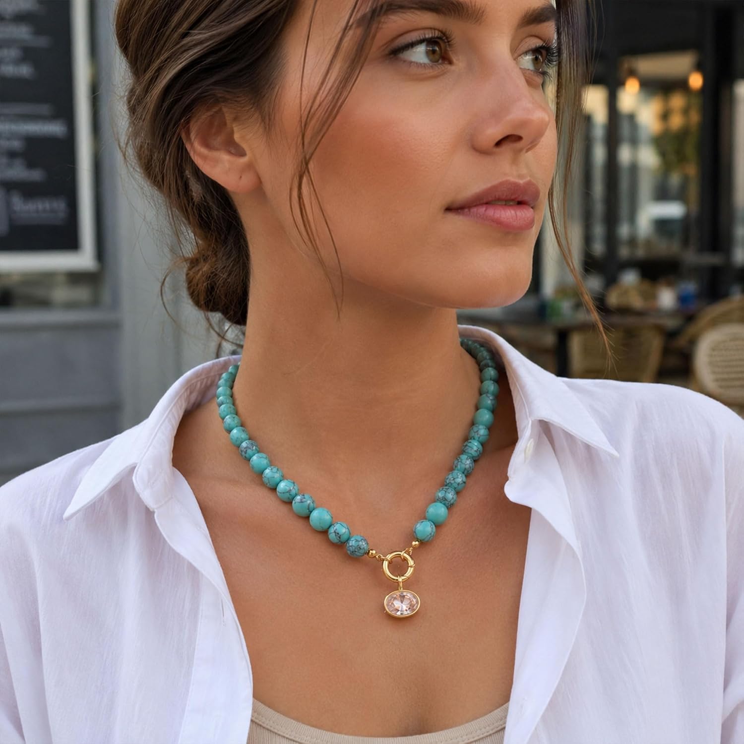 Natural Stone Beaded Necklace for Women 10mm Round Bead Choker with Detachable Crystal Pendant Adjustable Boho Statement Jewelry Gift