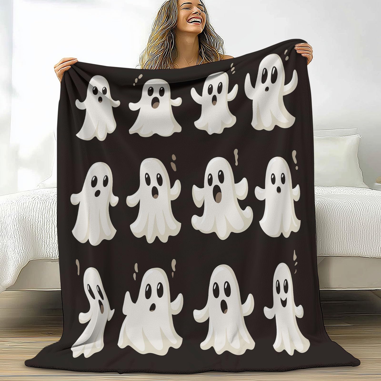 Générique Koc w kratę 150 x 200 cm Małe duchy na Halloween to gracze, bardzo miękki koc flanelowy z nadrukiem, narzuta na sofę premium dla nastolatków i dorosłych, czarny