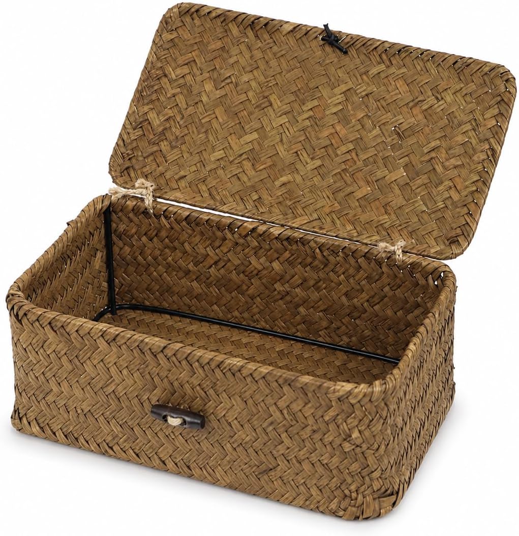 Seagrass Wicker Storage Basket with Lid, Small, Black