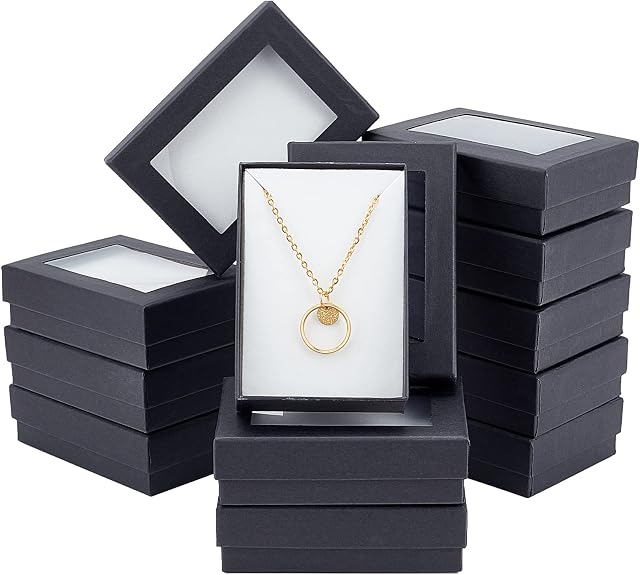 NBEADS 24 Pcs Black Gift Boxes, Jewelry Display Boxes with Window Presentation Box with Padding Birthday Gift Box for Necklaces Earrings and Rings, 9x6.5x2.8cm