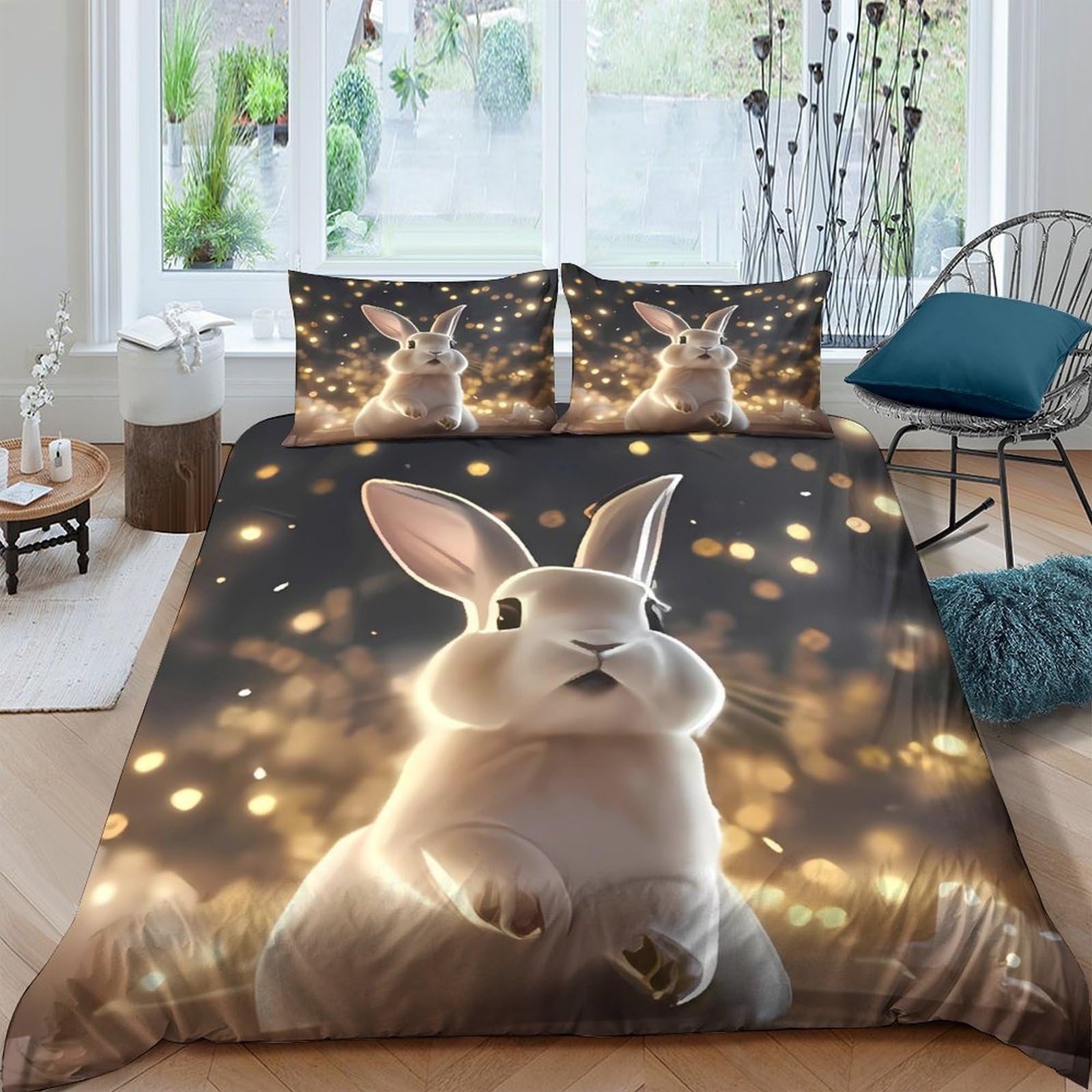 Ctjqhvkz Style-6 3D Printed Luminous Bunny Fitted Sheet Microfiber Soft Washable Fairy Lights Bed Cover For Bedroom Guestroom Decor Single（135X200cm）