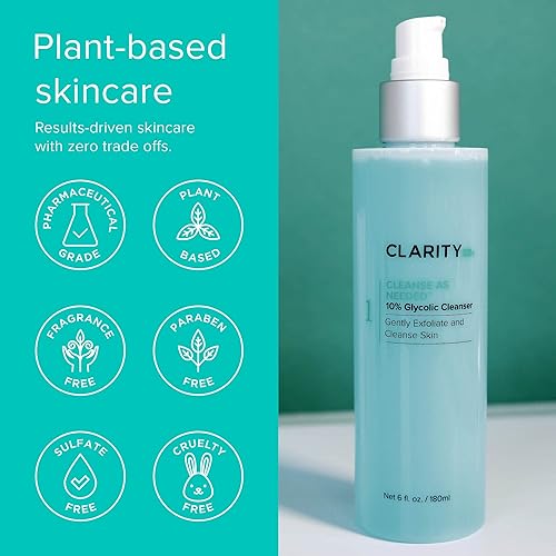 Miniatura 5 de ClarityRx Limpiar según sea necesario, 10% ácido glicólico exfoliante facial, limpiador facial iluminador natural a base de plantas para una piel