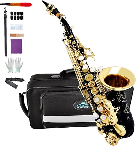 Miniatura 33 de EASTROCK Saxofón soprano curvado Bb Flat Blue Sax Instrumentos para principiantes intermedios con estuche de transporte, boquilla, almohadillas