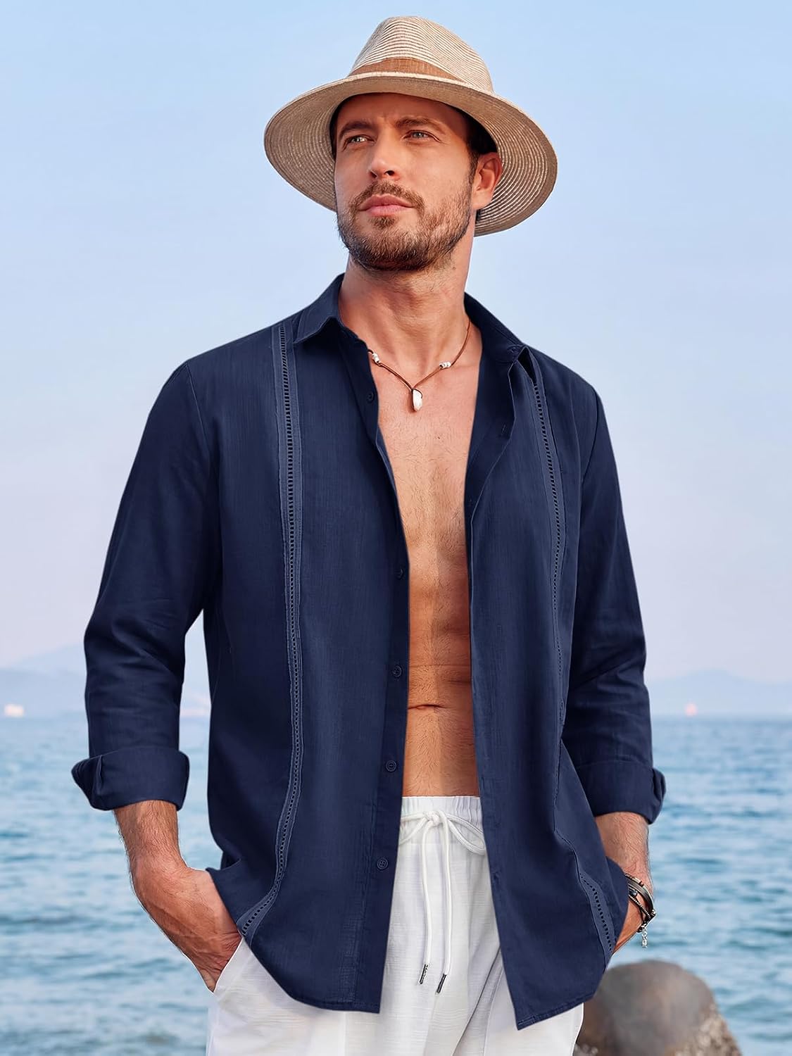 Runcati Mens Linen Cuban Guayabera Shirts Button Down Long Sleeve Shirt