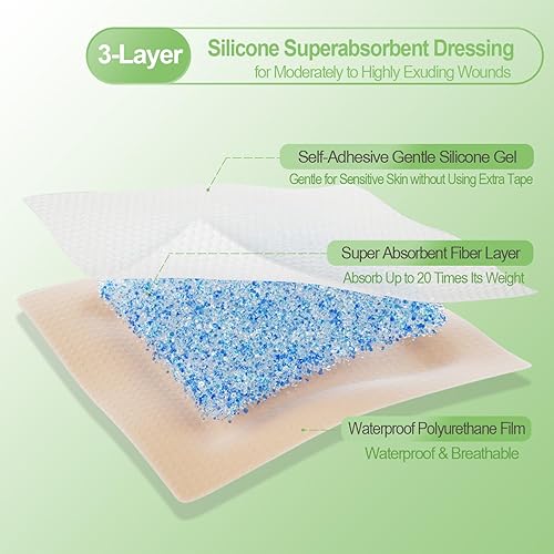 Miniatura 8 de NeuHeils Apósito de silicona súper absorbente para heridas, 4 x 8 pulgadas (paquete de 10), almohadillas absorbentes de 2 x 6 pulgadas Postcirugía,