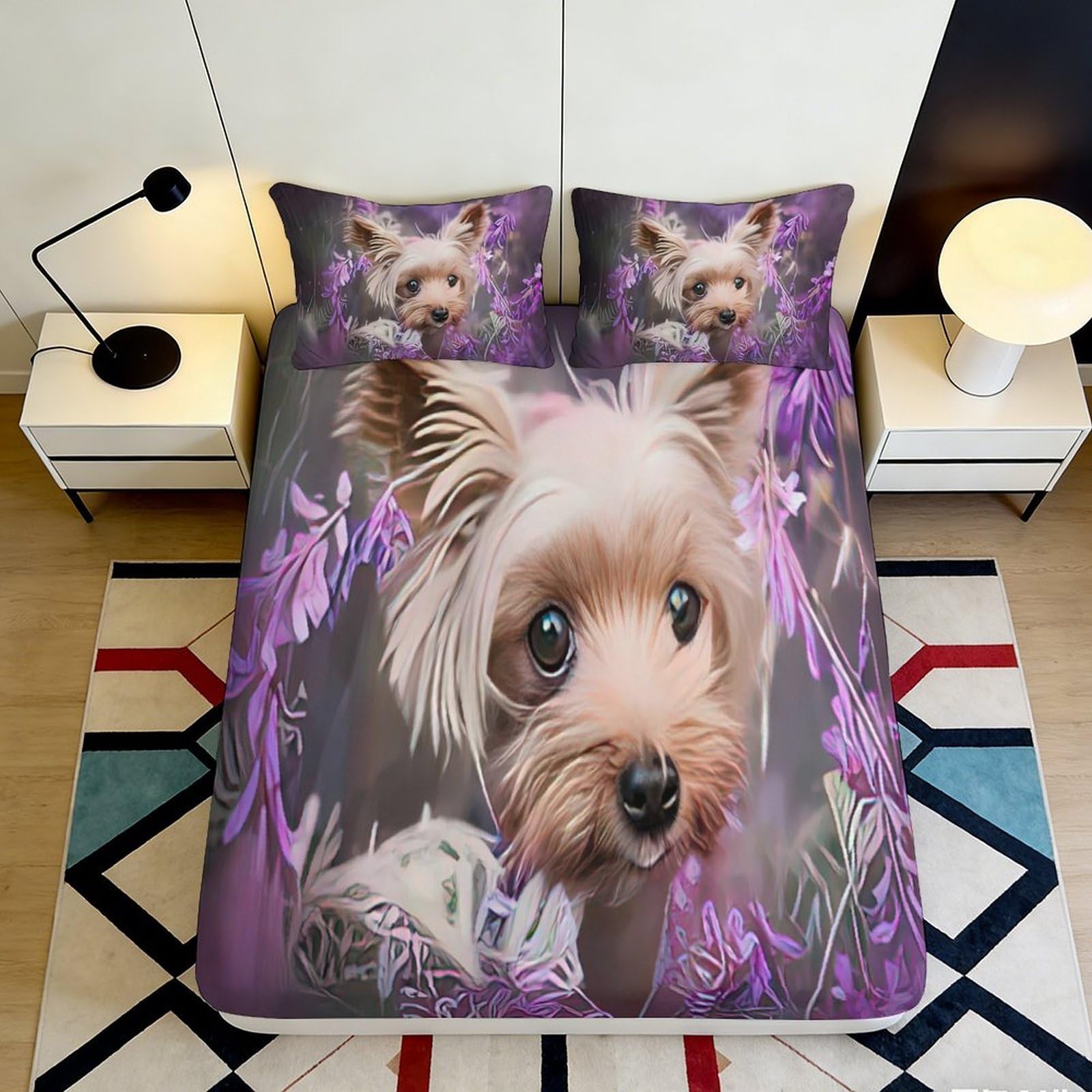 3D Printed Yorkshire Terrier Fitted Sheet Microfiber Soft Durable Dog Pattern Bed Cover for Bedroom Dormitory Guest Room Mattress Protection 120x200x25cm