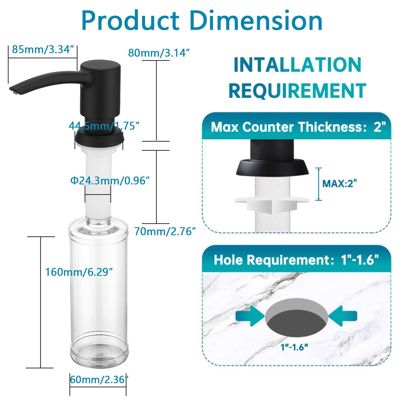 Dispensador de jabón para fregadero integrado, negro mate, cabezal de bomba ABS, recambio desde la parte superior, dispensador de jabón de manos para cocina