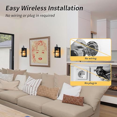 Miniatura 2 de Luces de pared vintage a pilas con acabado de madera sintética, lámpara de pared regulable, sin cableado, fácil de instalar, aplique de pared