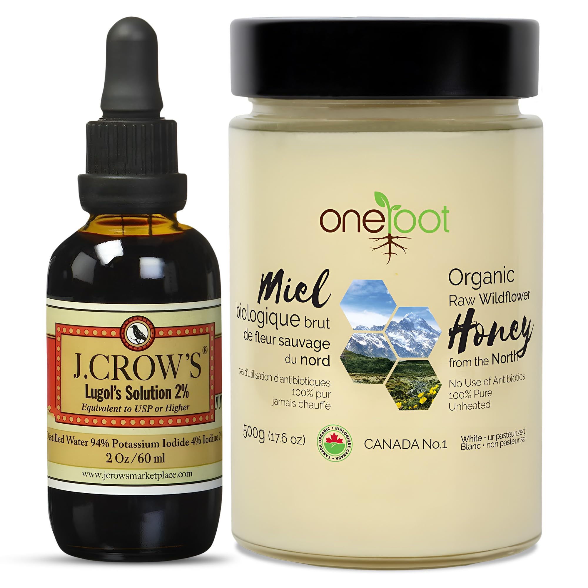 J.CROW'S Lugol's Iodine Solution with Organic Raw Wildflower Honey - Liquid Iodine Supplement 2 Fl Oz and Wildflower Honey 17.6Fl Oz - Potassium Iodide & Iodine Blend - Daily Wellness Bundle