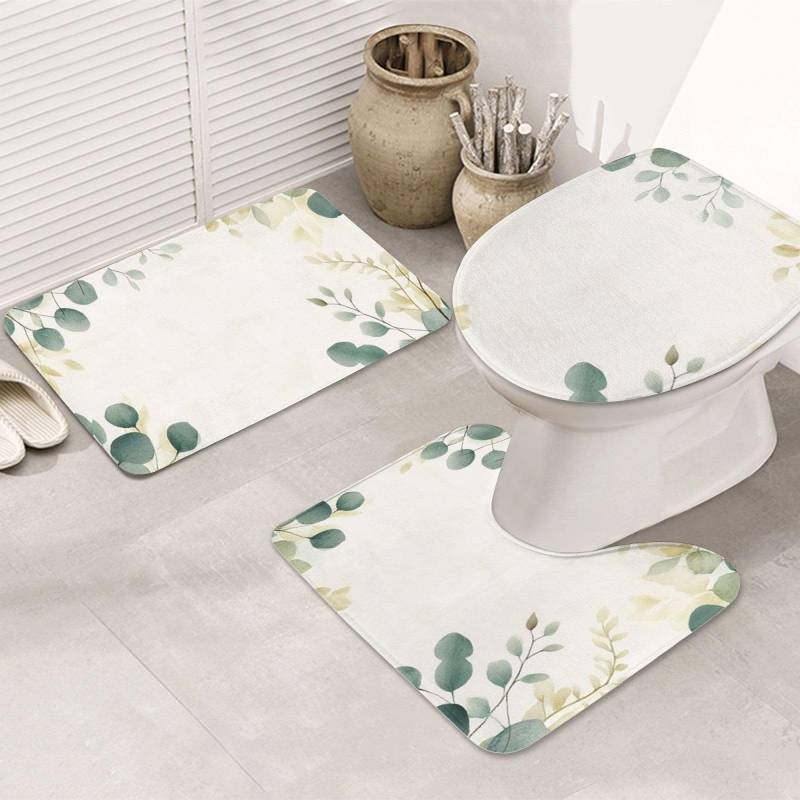 Juego de alfombras de baño con hojas verdes de 3 piezas y tapa de inodoro