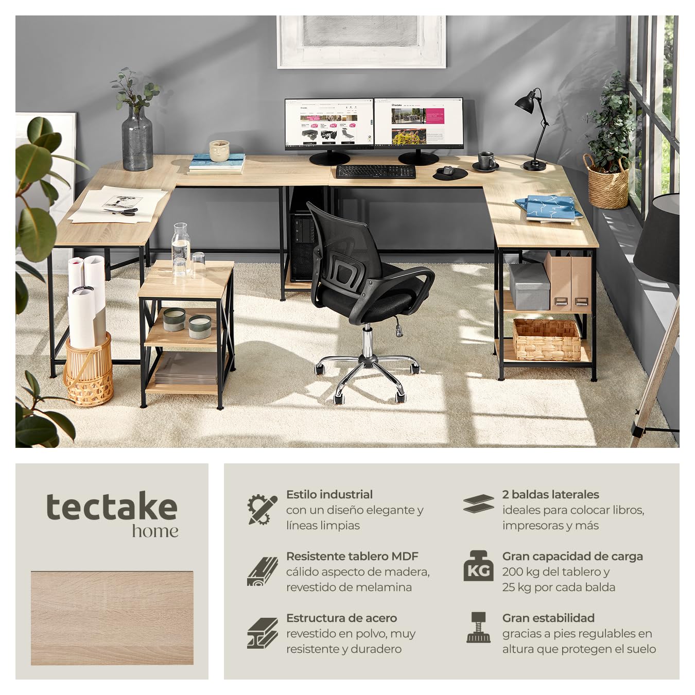 tectake® Escritorio de Esquina, Mesa en L con Estantes, Mesa Escritorio para Ordenador, Escritorio Industrial Madera Acero, Mesa de Oficina, Escritorio Estudio - Madera Industrial Clara, Roble Sonoma