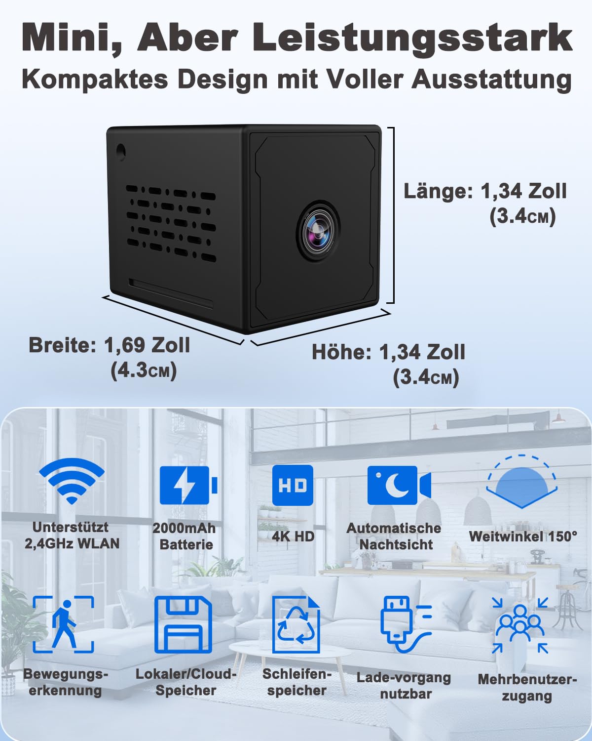 Mini Kamera, 4K UHD Überwachungskamera Innen, 3 modi: WLAN, AP Hotspot & Überwachungskamera Ohne WLAN, 2000mAh Akku, Lange Laufzeit, Nachtsicht&Bewegungserkennung, Mini Kamera für Innen Außenbereich