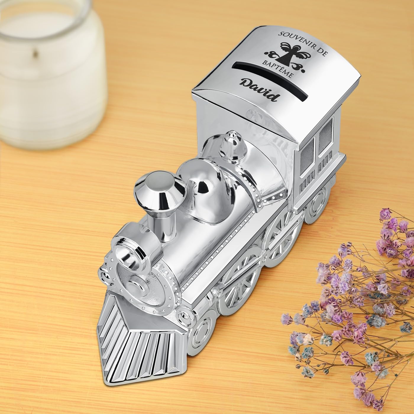 Maverton Tirelire Personnalisable en Métal Argenté pour garçon - Tirelire Enfant Épargne en Forme de Locomotive pour pièces et Billets - Cadeau Anniversaire Fille - Noël - Souvenir de baptême