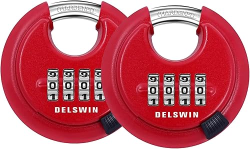 DELSWIN Candado de combinación para exteriores, cerradura de disco resistente de 4 dígitos con grillete endurecido, candado combinado para puerta,