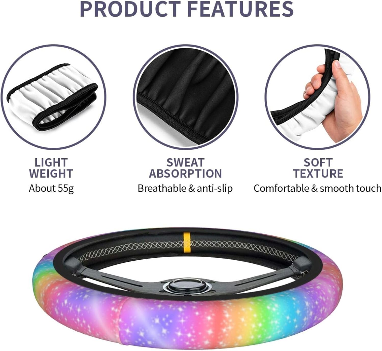 Colorful Rainbow Steering Wheel Cover Car Accessories Cute for Women Girls Girly Universal 15 Inch Neoprene Auto Interior Decor Anti Slip Automotive Truck Protector - Image 7