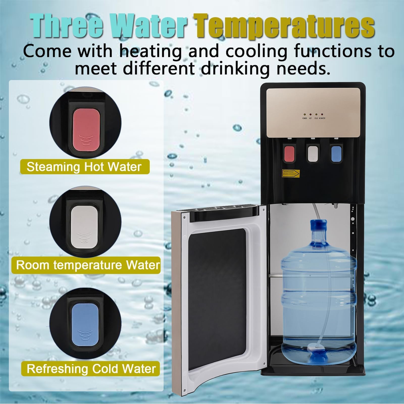 Bottom Loading Water Cooler Dispenser, Water Dispenser for 5 Gallon Bottle, 3 Temperature Settings, Floor Standing Hot and Cold Water Dispenser for Home, Office Use (Champagne Gold)