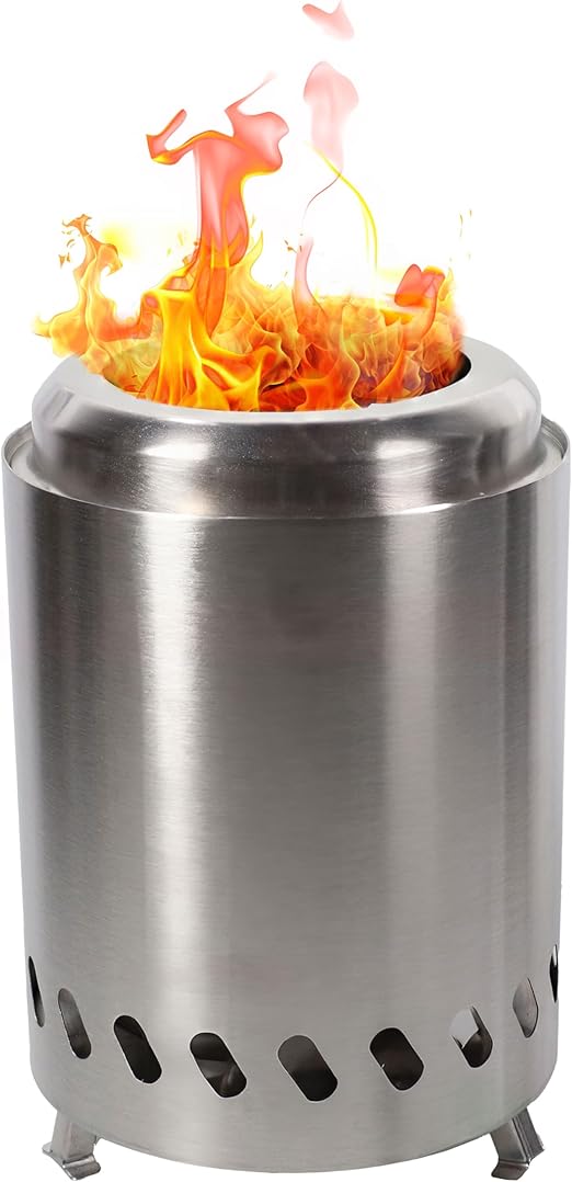 Sunnydaze Tabletop Smokeless Fire Pit with Foldable Legs, Storage Bag, and Poker - Pellet or Wood Burning Portable Fire Pit for Camping - 8-Inch H - Silver