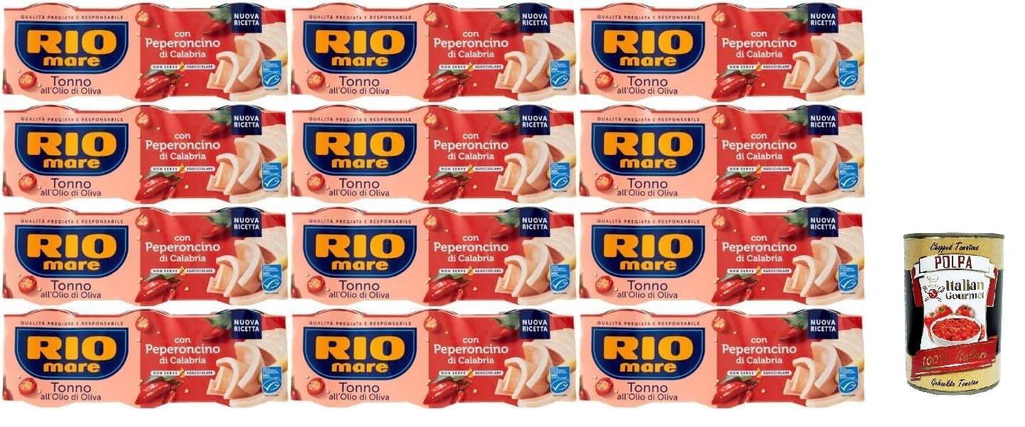 Italian Gourmet Bundle Thunfisch mit Chili 12x 3x 65g + Italian Gourmet Polpa Gratis – Italienischer Rio Mare Tonno all’Olio di Oliva con Peperoncino di Calabria, Vorrat 2,34kg