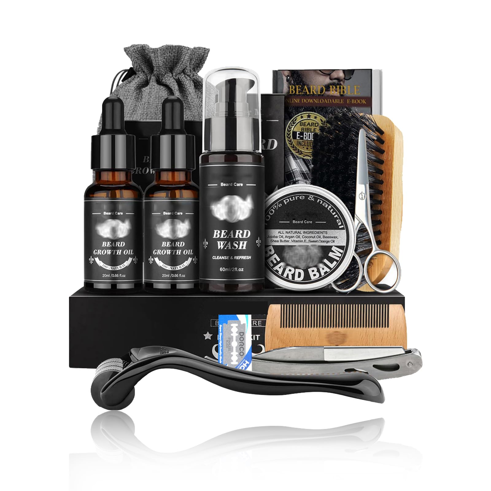 Kit Barba Hombre,Cuidado Facial Masculino,Set Completo con Navaja de Afeitar,Cepillo,Aceite,Champú,Bálsamo y Peine,Regalo Ideal para Hombre