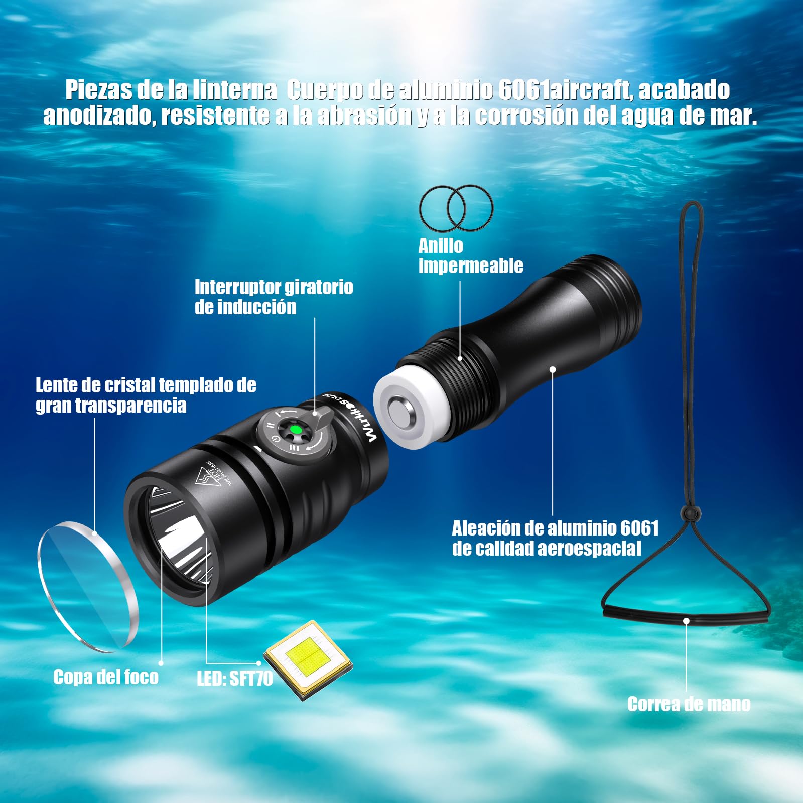 Wurkkos DL02 Linterna de Buceo Led, Antorcha de Buceo de 3000 Lúmenes con Indicador de Potencia, IPX8 Impermeable Profesional Recargable Luz de Buceo para Cueva 100m Submarina