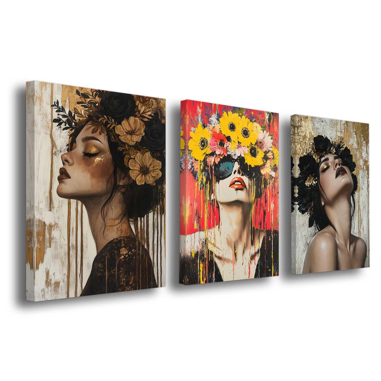 LMYSXAOZ 3Pcs White and Gold Flower Woman Canvas Wall Art Girl Portrait Picture Prints Abstract Floral Painting Modern Style For Living Room Bedroom Home Decor (Black, 50x70cmx3 Pieces)